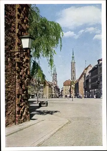 Ak Görlitz in der Lausitz, Obermarkt mit Dreifaltigkeitskirche mit Mönch und Rathausturm