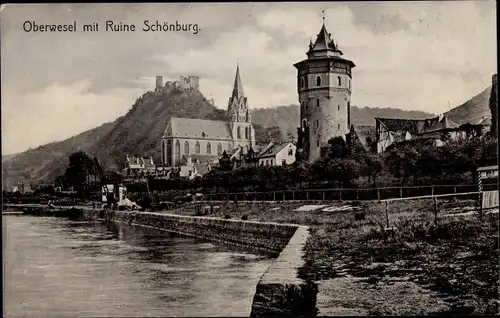 Ak Oberwesel am Rhein, Teilansicht, Ruine Schönburg
