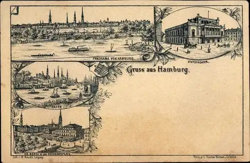 Vorläufer Litho Hamburg Mitte Altstadt, Stadttheater, Panorama, Börse, Rathausplatz, Hafen