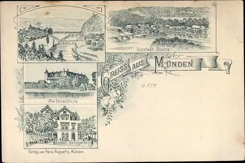 Vorläufer Litho Hann Münden in Niedersachsen, Vorstadt Blume, Welfenschloss, Berggarten, 1894