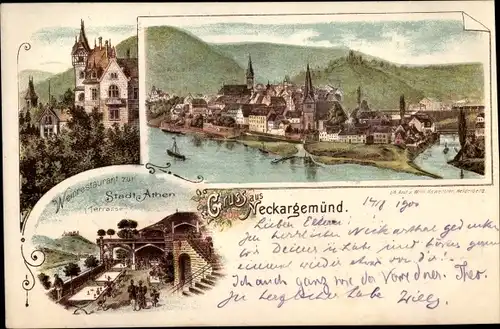 Litho Neckargemünd am Neckar, Weinrestaurant zur Stadt Athen, Blick auf den Ort