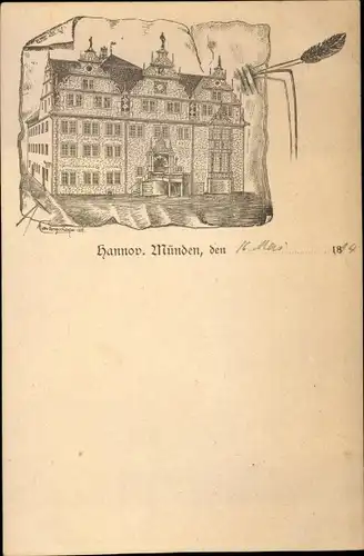 Vorläufer Litho Hann Münden in Niedersachsen, Blick auf das Rathaus, 1894