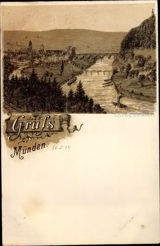 Vorläufer Litho Hann Münden in Niedersachsen, Blick auf den Ort, Brücke, 1894