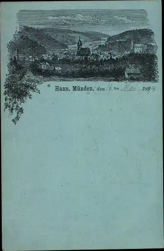 Vorläufer Litho Hann Münden in Niedersachsen, Blick auf den Ort, 1894