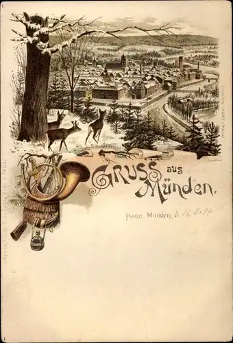 Vorläufer Litho Hann Münden in Niedersachsen, Totalansicht der Ortschaft im Winter, Rehe, 1894