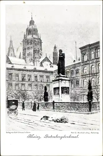 Künstler Ak Mainz am Rhein, Gutenbergdenkmal, Kutsche, Winterpartie