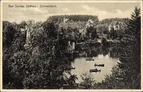 Ak Bad Sachsa im Harz in Niedersachsen, Schmelzteich, Partie am Wasser, Ruderboote