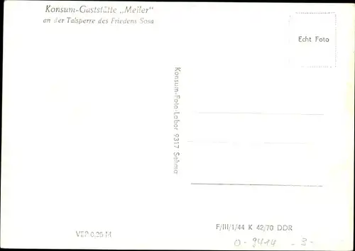 Ak Sosa Eibenstock im Erzgebirge, Konsum Gaststätte Meiler an der Talsperre des Friedens