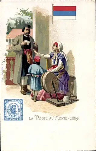 Briefmarken Litho Montenegro, Frau und Mann in Trachten, Schleifstein