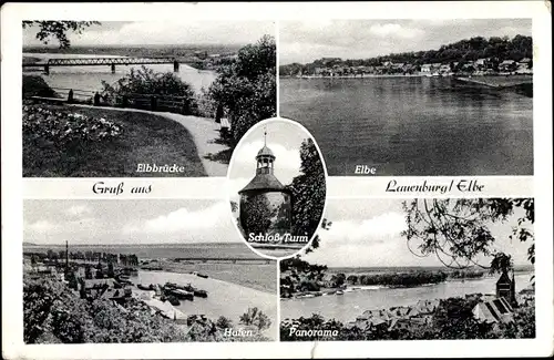 Ak Lauenburg an der Elbe, Elbbrücke, Elbe, Hafen, Panorama, Schlossturm
