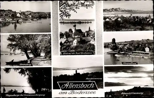 Ak Hegne Allensbach am Bodensee, Panorama, Strandbad, Blick auf die Insel Reichenau, Abendstimmung