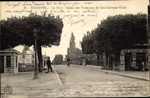 Ak Bougival Yvelines, Le Pont Station des Tramways de Saint Germain Étoile