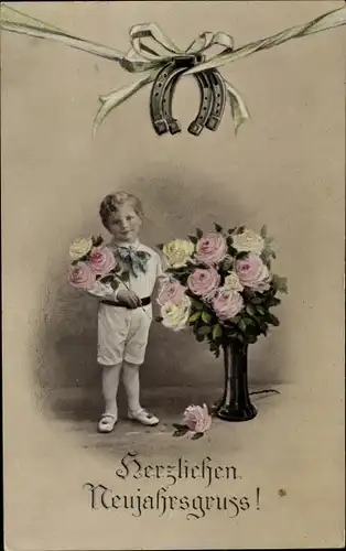 Ak Glückwunsch Neujahr, Hufeisen, Blumenstrauß, Junge mit Rosen