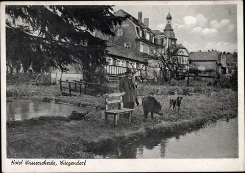 Ak Würgendorf Burbach Kreis Siegen, Hotel Wasserscheide, Mann mit Wildschwein und Hunden