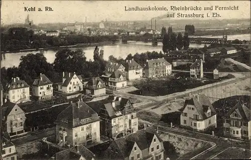 Ak Kehl am Rhein, Landhauskolonie, Rheinbrücke, Fernsicht auf Straßburg