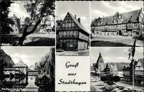 Ak Stadthagen in Niedersachsen, Amtspforte, Rathaus, Stadtgartencafé, Schloss, Marktplatz