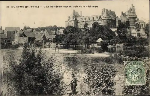 Ak Durtal Maine et Loire, Vue Generale sur le Loir et le Chateau, Ruderboot