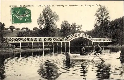 Ak Neufchatel Sarthe, Mamers, Passerelle sur l´Étang de Guibert