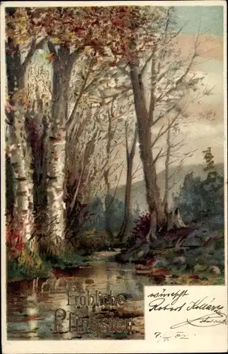 Litho Glückwunsch Pfingsten, Landschaft mit Fluss