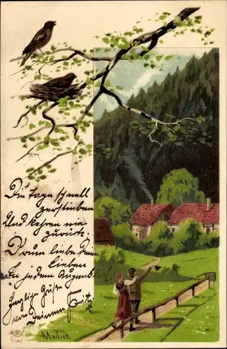 Künstler Litho Mailick, Paar auf dem Weg zur einer Ortschaft, Vögel im Nest