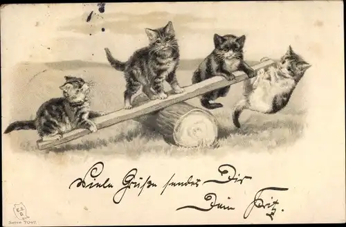 Litho Vier kleine Katzen auf einer Wippe