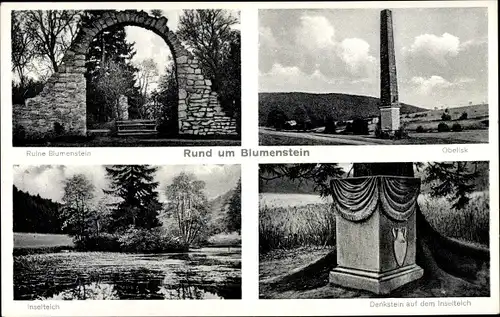 Ak Wildeck Hessen, Ruine Blumenstein, Inselteich, Obelisk, Denkstein