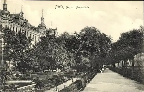 Ak Fürth in Mittelfranken Bayern, Partie an der Promenade