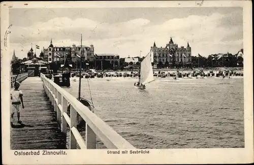 Ak Ostseebad Zinnowitz auf Usedom, Strand mit Seebrücke