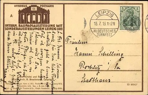Ak Leipzig in Sachsen, Internationale Baufachausstellung 1913, Dorfkirche, Schule, Forsthaus