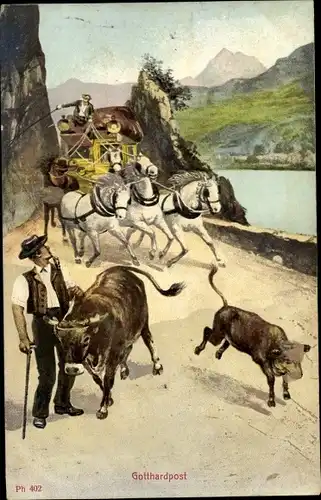 Künstler Ak Schweiz, Gotthardpost, Postkutsche, Mann in Tracht, Rinder