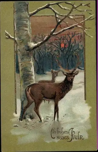 Litho Glückwunsch Neujahr, Hirsch und Hirschkuh im Wald