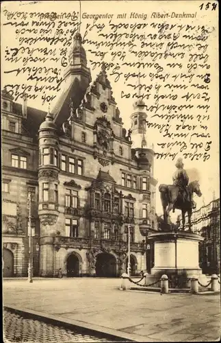 Ak Dresden Zentrum Altstadt, Georgentor mit König Albert Denkmal