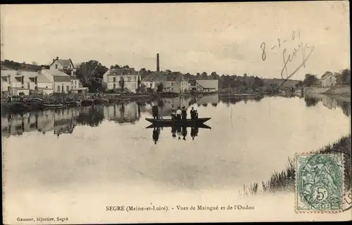 Ak Segré Maine et Loire, Vues de Maingue et de l'Oudon, Ruderboot