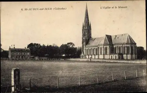 Ak Saint Aubin sur Mer Calvados, Église et Manoir