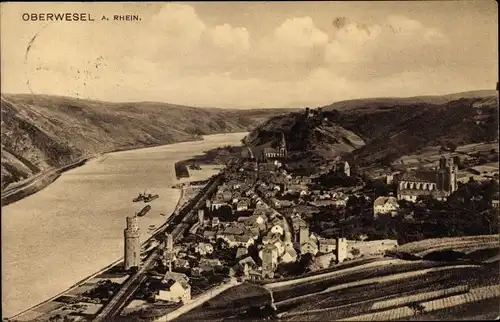 Ak Oberwesel am Rhein, Blick auf den Ort, Ruine, Kirche