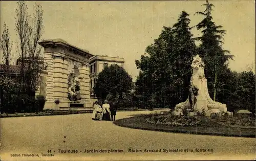 Ak Toulouse Haute Garonne, Jardin des plantes, Statue Armand Sylvestre et la fontaine