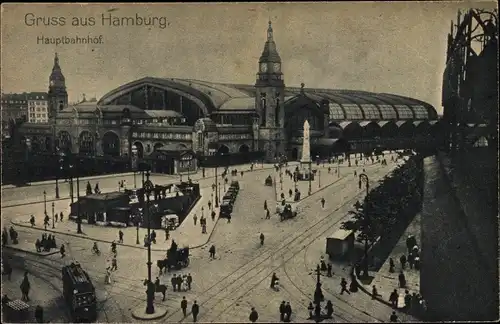 Ak Hamburg Mitte Altstadt, Blick auf den Hauptbahnhof, Straßenbahnen