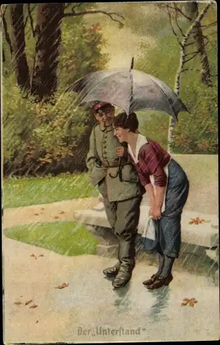 Ak Der Unterstand, Soldat hält Frau den Regenschirm, Immer Fachmann, I. WK
