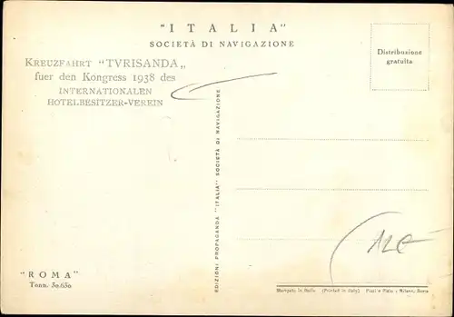 Ak Dampfer Roma, Italia Società di Navigazione, Kreuzfahrt Turisanda, 1938