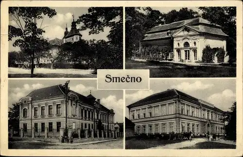 Ak Smecno Smetschno Smeczno Mittelböhmen, Schule, Kirche, öffentliches Gebäude
