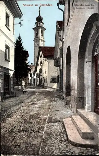 Ak Samaden in Graubünden, Straßenpartie mit Kirche