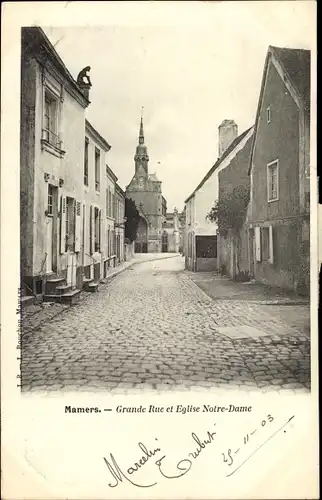 Ak Mamers Sarthe, Grande Rue et Église Notre Dame