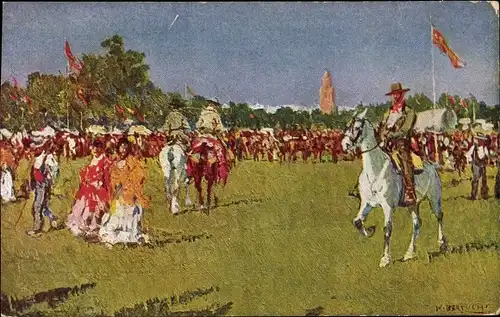 Künstler Ak Bertuchi, M., En la feria de Sevilla, spanische Volkstrachten