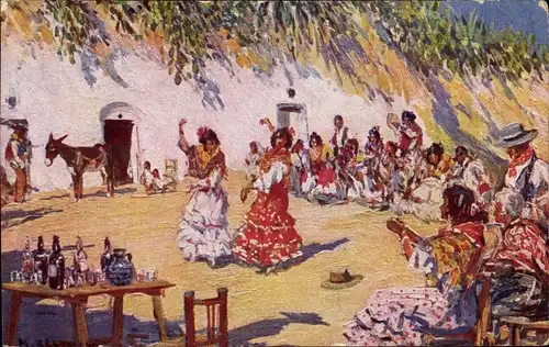 Künstler Ak Bertuchi, M., Zambra gitana, spanische Volkstrachten, Flamenco