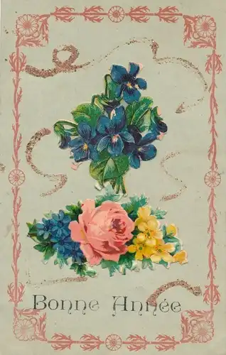 Glitzer Ak Glückwunsch Neujahr, Rosen, Vergissmeinnicht, Veilchen