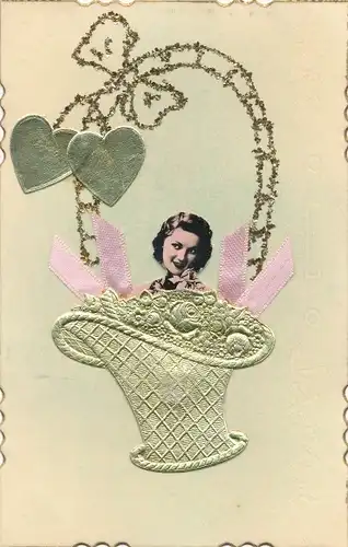 Glitzer Gold Ak Damenportrait in einem Blumenkorb