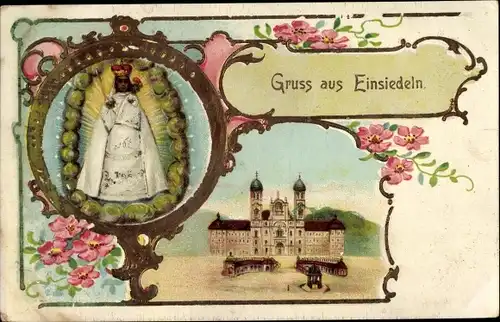 Präge Gold Litho Einsiedeln Kanton Schwyz Schweiz, Benediktinerabtei, Kloster, Gnadenbild