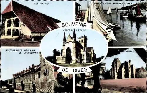 Ak Dives sur Mer Calvados, Les Halles, Hostellerie Guillaume le Conquérant, L´Abbaye, L´Église