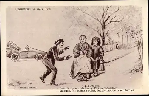 Künstler Ak Saint Saulge Nièvre, Legendes, Confusion, Chauffeur, Automobil, Frauen