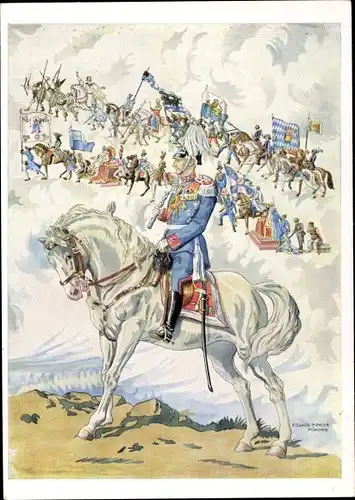Künstler Ak Bayrischer Soldat auf einem Pferd